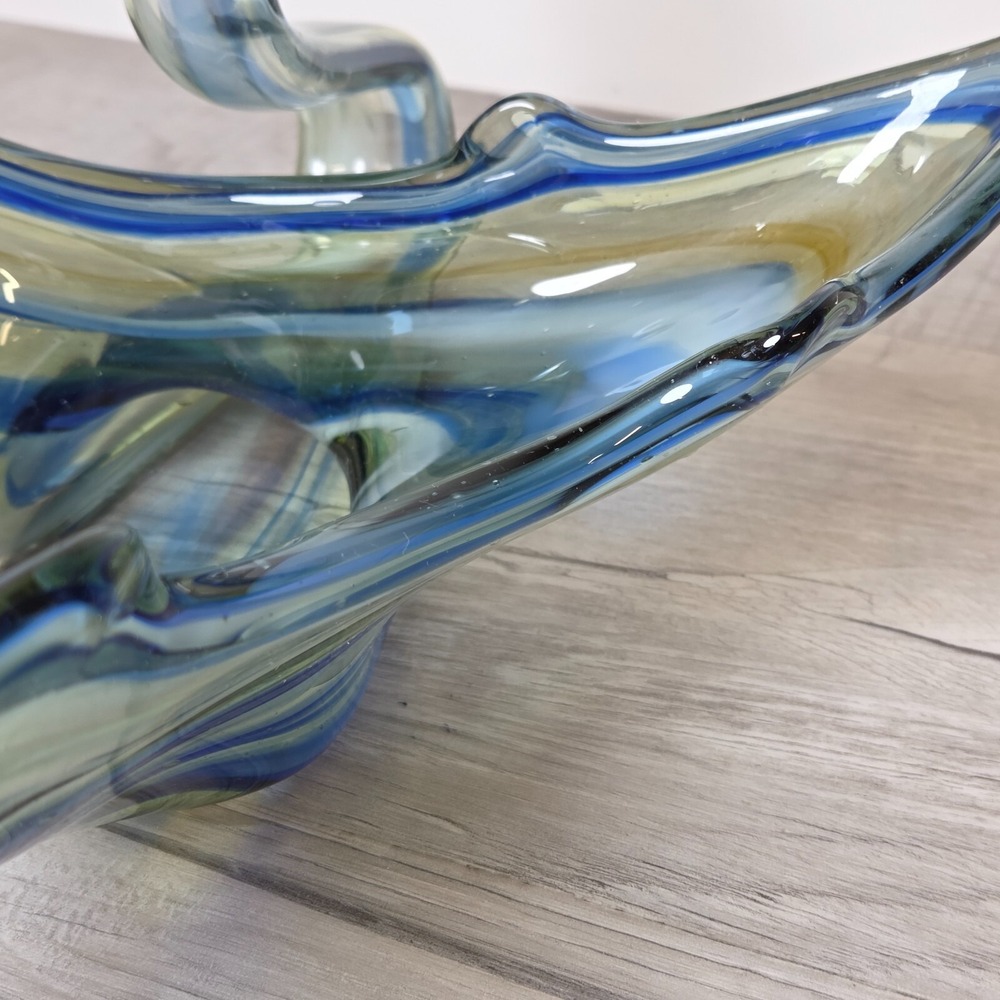 Vintage Hand Blown Blue Swirl Sooner Art Glass Swan Bowl 14" Long Large - Picture 5 of 12